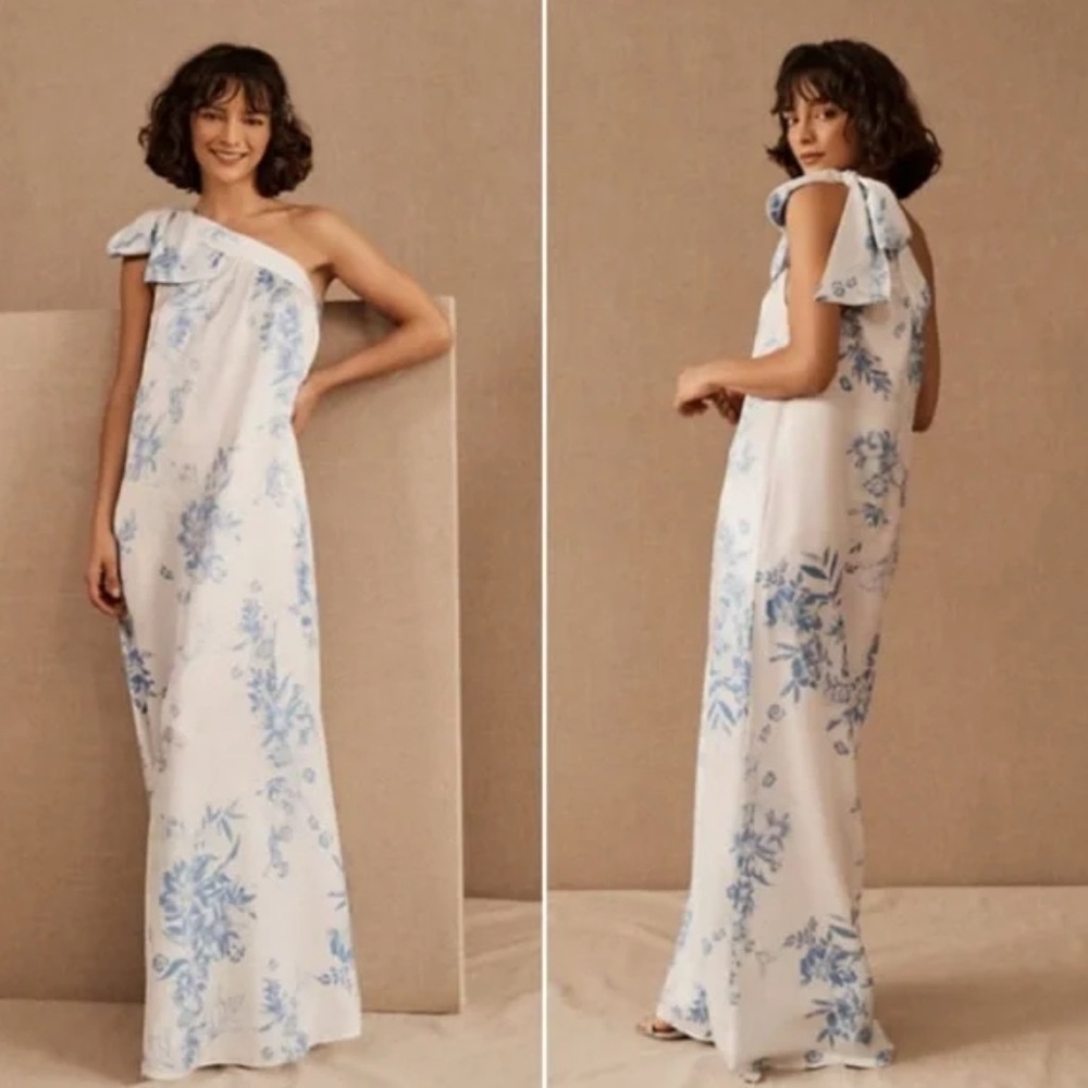 BHLDN White One-Shoulder Floral Gown with Blue Print